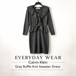Calvin Klein Gray Ruffle Knit Sweater Dress Long Sleeve Midi S